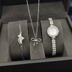ست ساعت گرد نگینی و دستبند پروانه و گردنبند پاپیون